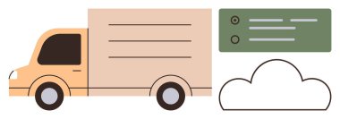 Depolama, lojistik, ulaşım, dijital teknoloji, çevrimiçi taşımacılık, ticaret ve bulut temelli çözümler için bulut ve yeşil arayüz panosuyla birlikte teslimat kamyonu. Basit bir düz metafor.