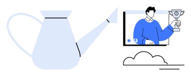 Videodaki ödül sahibi, başarıyı kutlayan, sulandırma ile eşleştirilen büyüme metaforu. Başarı, takım çalışması, sanal toplantılar, çevrimiçi başarılar, iş büyümesi için ideal