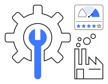 Endüstriyel bakım. İkonların kalite güvencesi ve fabrika üretimi ile eşleştirilmiş, makine bakımı için vites ve anahtar sembolleri. Üretim, bakım, üretim, kalite kontrolü için