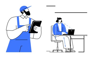 Uzaktan çalışma konsepti. Bilgisayarda dijital işbirliğinde tablet ve ofis çalışanı kullanan bir teknisyenin yaptığı uzaktan çalışma. Uzaktan kumandalı teknoloji odaklı üretkenlik. İş ve takım çalışması için mükemmel.