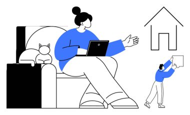 Uzaktan çalışma konsepti. Uzaktan çalışma ve evdeki aile sorumluluklarını dengeleme. Teknolojiyle uzaktan çalışma üretkenliği ve rahatlığı sağlıyor. Yaşam tarzı, aile, iş hayatı dengesi, teknoloji