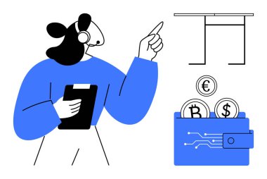 Finans, müşteri desteği, kripto para birimi, dijital işlemler, ödeme sistemleri, fintech. Kulaklık takan bir kadın, Euro bitcoin sembollü dijital cüzdan ve bağlı bir masa. Finans