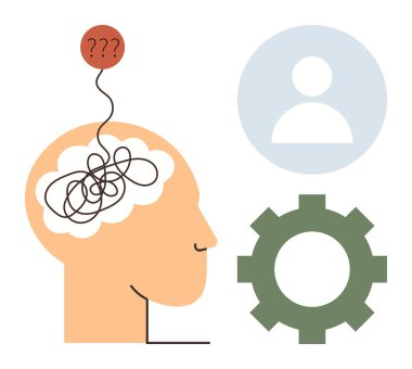 Karmaşık düşünceleri olan bir insan profili, bir soru işareti, ve sembolik teçhizat ve insan simgeleri. Yaratıcılık, problem çözme, beyin fırtınası, bilişsel süreç, karar verme, akıl sağlığı için ideal