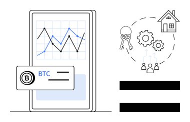 Mobil ekranda şifreli para birimi analizi, BTC kartı ve grafikler, anahtarlar, ev, vites ve insanların yanında. Finans, engelleme zinciri, teknoloji, gayrimenkul ve takım için ideal