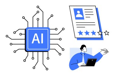 Devreli yapay zeka işlemcisi, derecelendirme yıldızlı aday profili, dizüstü bilgisayarda profesyonel. İşe alım, insan kaynakları, yapay zeka teknolojisi, otomasyon, işe alım, veri analizi için ideal. Modern çalışma düz metafor.