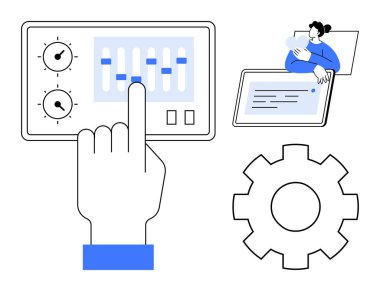 Kullanıcı kontrol konsepti. Ayarlar paneli, dokunmatik ekran etkileşimi ve vites simgesi ile kullanıcı kontrolü. Teknoloji, yazılım, otomasyon, UIUX ve dijital sistemlerdeki kullanıcı kontrolü