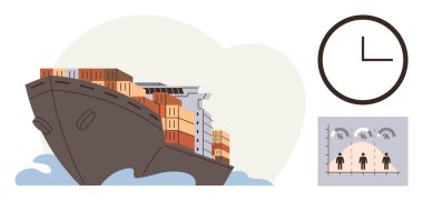 Kargo gemisi hareketli renkli konteynırlarla dolu, yanında istatistikleri gösteren bir saat ve veri tablosu var. Ticaret, taşımacılık, lojistik, zaman, analiz, iş dünyası için ideal