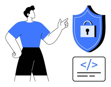 Siber güvenlik, veri koruması, kodlama, teknoloji eğitimi, internet güvenliği, mahremiyet. Kilit ve kod ikonu olan bir kalkanı işaret eden kişi. Siber güvenlik ve veri koruma kavramı