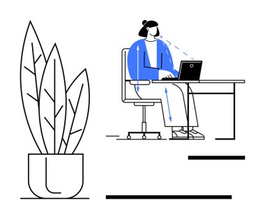 İşyeri ergonomisi. Ofis çalışanı dizüstü bilgisayar kullanarak masa başında oturmuş, duruş ve konfora odaklanmış. İşyeri ergonomisi verimliliği ve refahı arttırıyor. Ofis ayarları ve sağlık için.