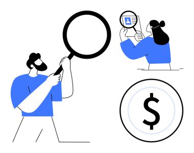 Kimlik doğrulaması. Elinde büyüteç tutan adam, kimlik kontrolü yapan kadın ve dolar sembolü güvenlik ve finansal analiz. Teknoloji, e-ticaret, bankacılık ve fintech projeleri için kimlik kontrolü