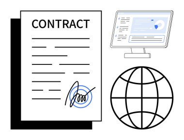 Yasal anlaşmalar, dijital dönüşüm, e-ticaret, küresel bağlantı, iş süreçleri, çevrimiçi güvenlik. İmzalı bir sözleşme, bilgisayar ekranı ve dünya ikonu. Yasal anlaşmalar ve dijital