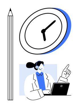 Zaman yönetimi, verimlilik, iş planlaması, kişisel organizasyon, uzaktan çalışma, ofis aletleri. Bir saat, dizüstü bilgisayarda çalışan profesyonel bir kadın. Zaman yönetimi ve verimlilik görselleştirme