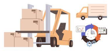 Forklift kutular, teslimat kamyonu ve çizelgeler, dişliler ve takvim içeren iş akışı bilgileri. Lojistik, tedarik zinciri, depo yönetimi, nakliye verimliliği için ideal.