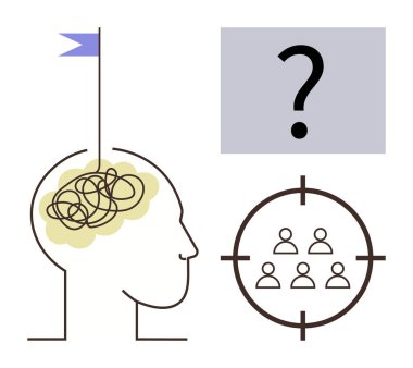 Kafa hatları karışık beyin düşünceleri ve bayrak, belirsizlik için soru işareti, ve hedef grup insanları odakla. Yaratıcılık, strateji, problem çözme, hedef kitle, zihinsel