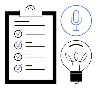 Task management, brainstorming, productivity tools, recording ideas, innovation, goal setting. A clipboard with a checklist, microphone and light bulb icon. Task management and brainstorming