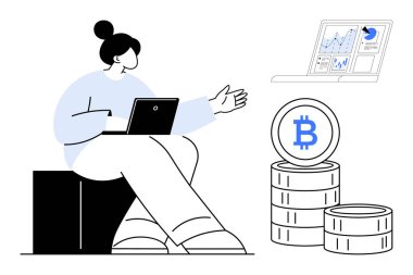 Yatırım, finans teknolojisi, kripto para birimi, finansal analiz, dijital ekonomi, engelleme zinciri. Dizüstü bilgisayar, şifreli para ve veri tablosu kullanan bir kadın. Dijital finans alanında yatırım ve fintech