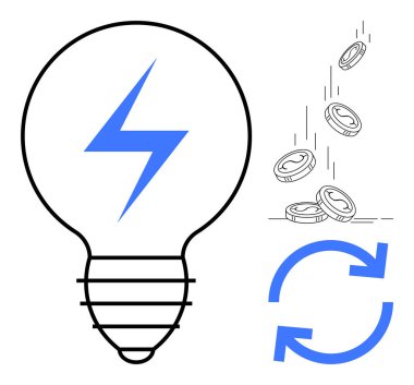 Renewable energy, finances, cryptocurrency, sustainability, innovation, technology. Light bulb with a lightning bolt, coins and circular arrows. Renewable energy and finances concept