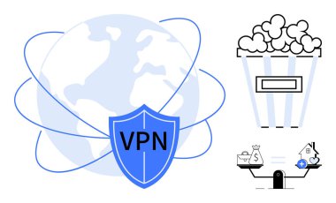 VPN konsepti. Güvenli küresel internet taraması ve özel yayın için VPN. VPN çevrimiçi koruma ve dengeli mali işlemleri güvence altına alıyor. Güvenlik, medya, fintech ve mahremiyet için