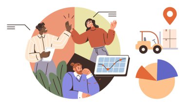 Ekip üyeleri tabletteki verileri analiz ediyor, başarıyı kutluyor forklift, depo ve pasta grafiğiyle kargo lojistiği yapıyor. Takım çalışması, işbirliği, lojistik, analitik verimlilik planlaması için ideal