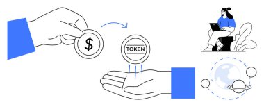 Jeton değişimi konsepti. Modern finans sektöründeki dijital varlıkları simgeliyor. Jeton sistemleri kripto para birimi, engelleme zinciri yeniliği ve gelişmekte olan finansal modeller için gereklidir. Fintech için, engelleme zinciri