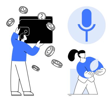 Finansal teknoloji, sürdürülebilirlik, uzaktan iletişim, dijital ekonomi, parasal hizmetler, yeşil yaşam. Elinde bozuk para olan bir cüzdan, yapraklı bir mikrofon ikonu olan bir kadın. Finansal