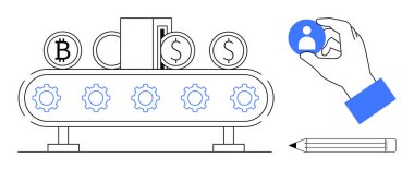 Kripto para birimi, finansal sistemler, kullanıcı profilleri, otomasyon, kimlik yönetimi, veri akışı. Para birimi sembolleri ve vitesli taşıyıcı, kullanıcı simgesi kalemi. Kripto para birimi