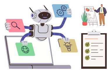 Arama, vites, dünya ve fikir simgeleri de dahil olmak üzere birden fazla silah yöneten bir robot. Analiz kurulu sunucu ve kontrol listesi verimliliği ve otomasyonu sembolize ediyor. Yenilik için ideal