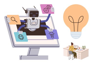 Robot, arama, ayar, internet ve fikirler için, masasında çalışan ve yaratıcılık için ampul yakan ikonlar tutan monitörlerden kollarını uzatıyor. Teknoloji için ideal, yapay zeka yeniliği, çoklu görev