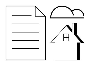 Gayrimenkul, sözleşmeler, emlak yönetimi, konut piyasası, belge organizasyonu, bulut depolama. Bir evin simgeleri, bulut ve çizgi kağıtlar. Gayrimenkul ve sözleşme teması