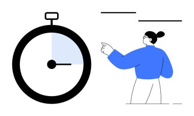 Zaman yönetimi, programlama, verimlilik, görev organizasyonu, verimlilik, karar verme. Büyük bir kronometre ve bir şeyi işaret eden biri. Zaman yönetimi ve zamanlama kavramı