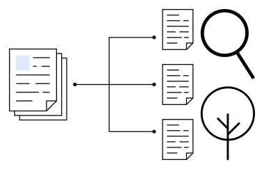 Veri organizasyonunu gösteren ve ağaç ve büyüteçle filtreleyen bağlı belgeler. Veri yönetimi, analiz, filtreleme, kategorize etme, bilgi akışı, araştırma, basit