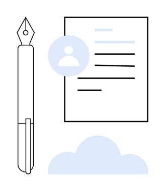 Belge işleme, bulut depolama, çevrimiçi profiller, kişisel veriler, dijital iş akışları ve uzak arşivleme. Bir belgenin yanındaki kalem, kullanıcı simgesi ve bulut. Belge işleme ve bulut depolama