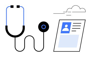 Sağlık sigortası konsepti. Steteskop, tıbbi kayıtlar, sağlık hizmetleri ve hasta bakımı. Modern tıbbi belgelere odaklı sağlık hizmetleri. Teletıp, tanı ve hastaneler için kullanım