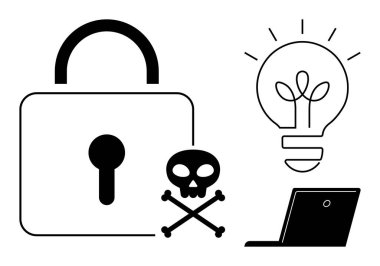 Siber güvenlik, veri koruması, çevrimiçi güvenlik, yenilik, dijital tehditler, şifreleme. Asma kilit, dizüstü bilgisayar ampulü ve kafatası sembolü. Siber güvenlik ve veri koruma kavramları