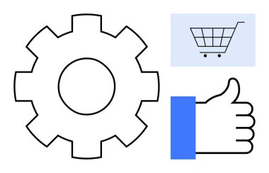 E-ticaret konsepti. Vites sembolü online alışveriş için sistem optimizasyonunu vurguluyor. Araba ve başparmak kaldırma simgeleri sorunsuz işlemler ile müşteri alışverişi deneyiminin altını çiziyor. Perakende için uygun