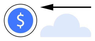 Para transferi konsepti. Para dolar simgesi, yön oku ve bulut tarafından transfer edilir. Para transferi dijital mali işlemleri ve ödemeleri basitleştirir. Fintech, bankacılık, online için ideal