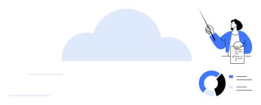 Büyük bulut şekli, raporları analiz eden kişi, veri pasta grafiğini işaret ediyor. Teknoloji, bulut hesaplama, veri yönetimi, takım çalışması, eğitim, sunumlar için ideal, basit düz metafor