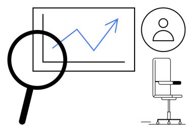 İş analizi, veri görselleştirme, ofis işi, büyüme eğilimleri, iş arama, araştırma araçları. Büyüteç, yukarı bakan grafik sandalyesi ve kullanıcı simgesi. İş analizi ve veri görselleştirme kavramı