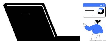 Dijital üretkenlik, veri analizi, uzaktan çalışma, teknoloji eğitimi, çevrimiçi eğitim ve iş araçları. Bir dizüstü bilgisayar, analitik gösterge paneli ve işaret eden biri. Dijital üretkenlik ve veri