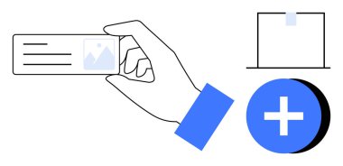 Dijital kimlik konsepti. Kimlik kartı, kare nesne ve mavi artı ikon üzerinden dijital kimlik. Dijital kimlik, güvenliği ve veri yönetimini arttırıyor. Teknoloji, uygulamalar, kimlik sistemleri için