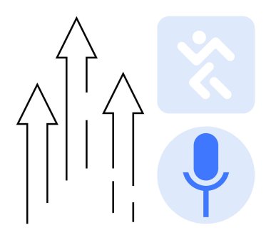 İş büyümesi, verimlilik, iletişim, dijital teknoloji, hedef izleme, performans. Yukarı doğru siyah oklar, mikrofon sembolü ve çalışan figür simgesi. İş büyümesi ve verimlilik