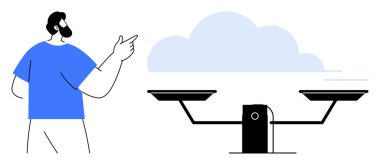 Bulut hesaplama, dijital depolama, kaynak yönetimi, karar verme, teknoloji karşılaştırması, veri çözümleri. Bulut arkaplanı olan dengeli ölçekte birini işaret ediyor. Bulut hesaplama ve dijital