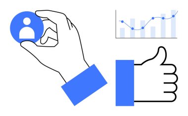 Kullanıcı angajmanı. Ellerin, grafiklerin ve başarı sembolünün görselleri ile kullanıcı bağlantısına odaklan. Kullanıcı müdahalesi veri içgörüsünü, büyümeyi ve müşteri memnuniyetini sağlar. İş için, pazarlama.