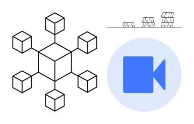 Engelleme teknolojisi, ademi merkeziyet, mali işlemler, dijital iletişim, veri değişimi, yenilik. Bir ağa bağlı soyut küpler, birikmiş paralar ve bir video kamera simgesi