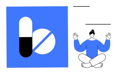 Sağlık, öz bakım, farkındalık, alternatif tıp, ilaç, stres atma. İlaç kapsülü ve tablet meditasyon yapan kişinin yanında. Sağlık hizmeti ve farkındalık temalı tasarım