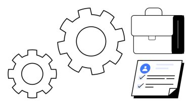 İki mekanik vites, bir evrak çantası ve verimliliği, iş akışını ve görev yönetimini vurgulayan bir kontrol listesi belgesi. Takım çalışması için ideal, işlemler, planlama, verimlilik iş alımı basit
