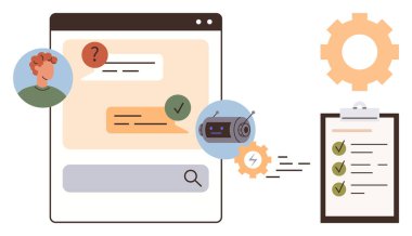 Sohbet baloncukları, kullanıcı avatarı ve kontrol listesi ile Chatbot arayüzü. Otomasyon, verimlilik, iletişim, yapay zeka uygulamaları, destek servislerinin takım çalışması için ideal. Basit düz