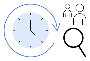 Saat dairesel ok ile zamanı gösterir, büyüteç işaretleri keşfi gösterir, insanlar simgeleri takım çalışmasını vurgular. Zaman izleme, verimlilik, işbirliği, araştırma, proje, analiz için ideal