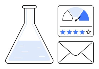 Bilim ve performans konsepti. Matara ile bilim, ilerleme göstergesi ile performans ölçümleri, yıldız reytingleri ve mesajlaşma için iletişim zarfı. Analiz ve iletişim için ideal