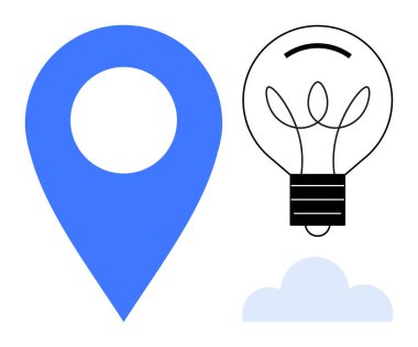 Yenilik, konum hizmetleri, yaratıcı fikirler, bağlantı, navigasyon, modern kavramlar. Mavi harita iğnesi, ampul ve beyaz arka planda bulut grafiği. Yenilik ve konum hizmetleri kavramı